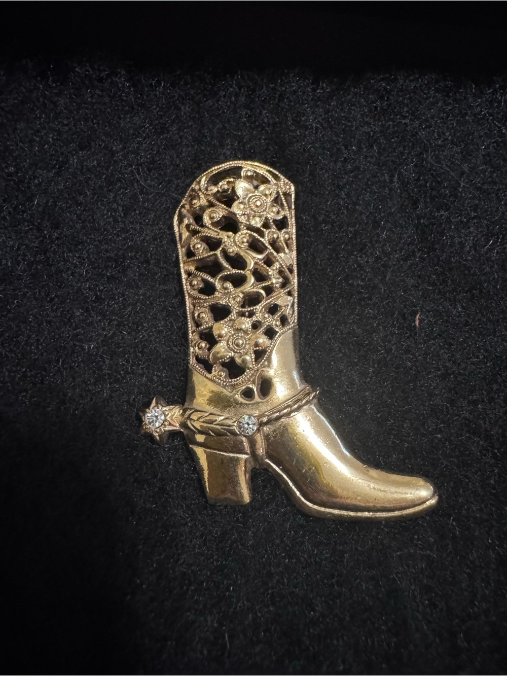 Vintage Gold Tone Cowboy Boot Brooch with Rhinestone Spur